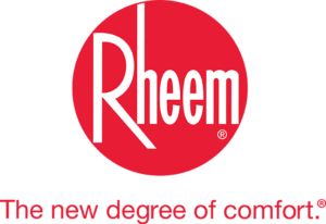 Rheem company logo in red with tagline "The new degree of comfort"