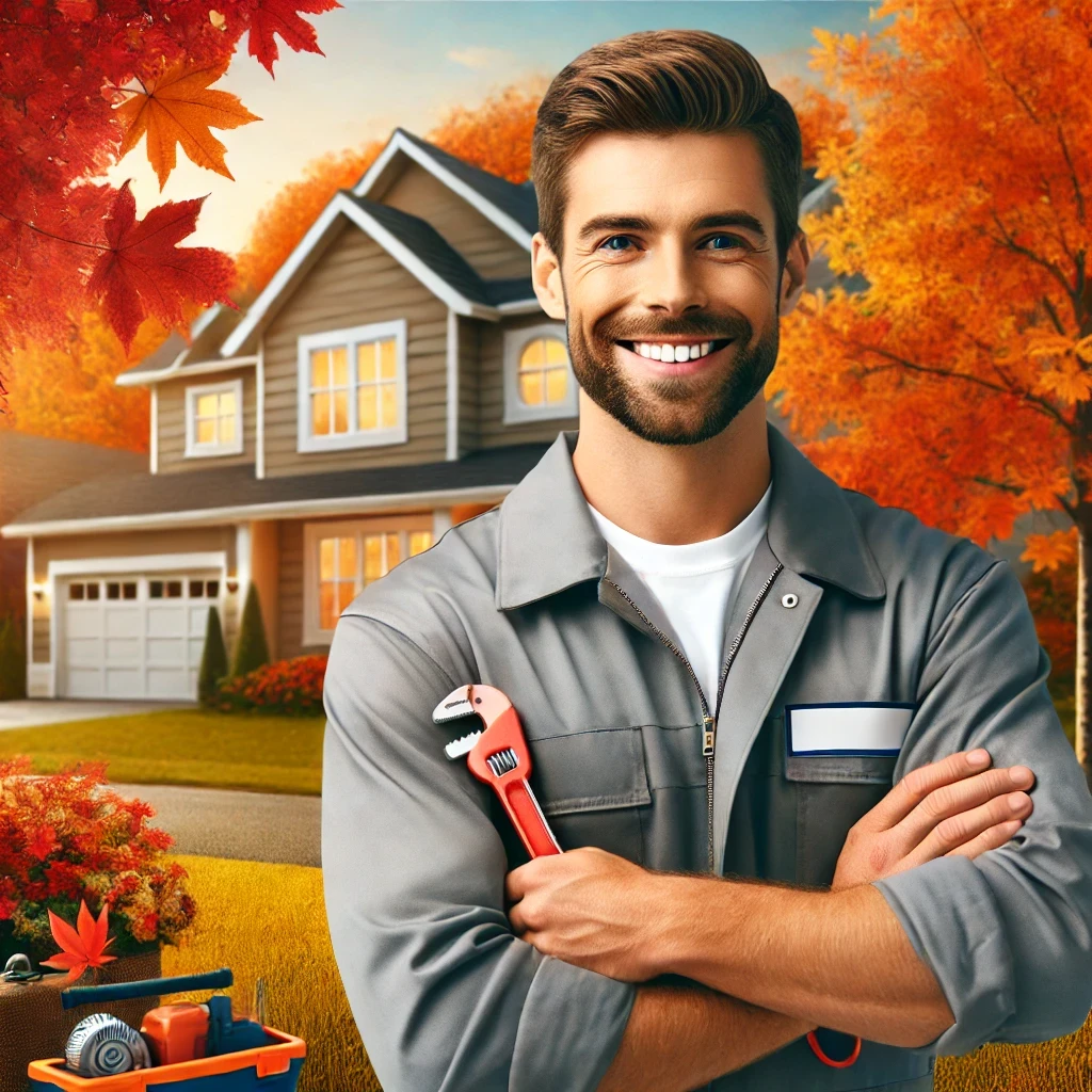 Plumber holding wrench, in front of autumn home, helping to prepare your plumbing for fall.