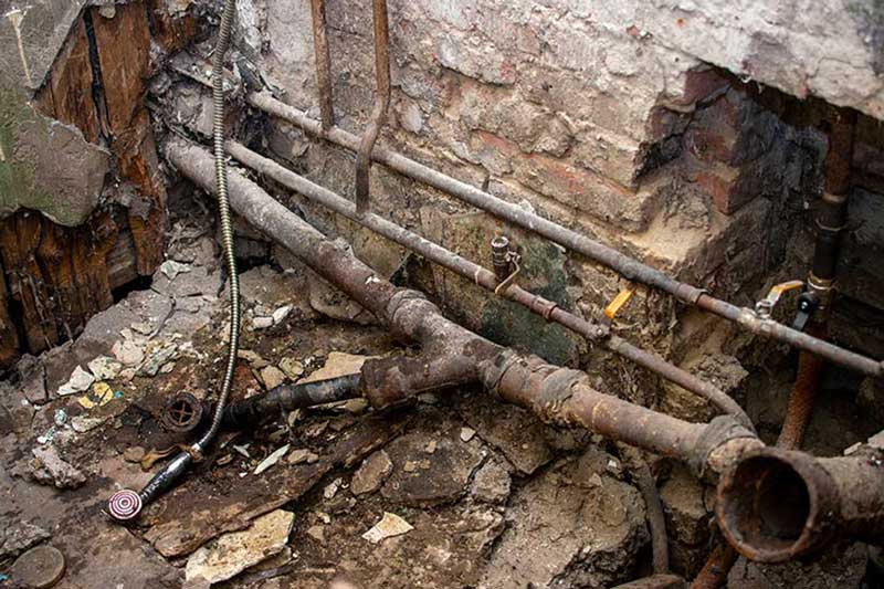 Old corroded sewer pipes in basement