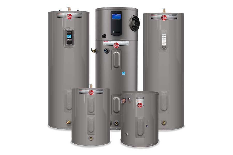 Rheem water heaters in multiple sizes
